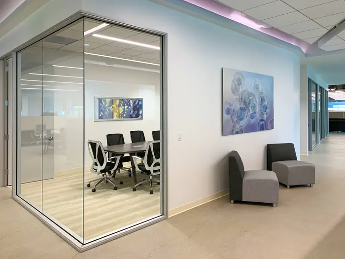 Large-scale art in a biotech headquarters lobby.