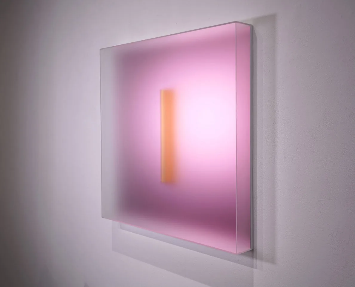Casper Brindle, Light Glyph in pink — a luminous square panel.