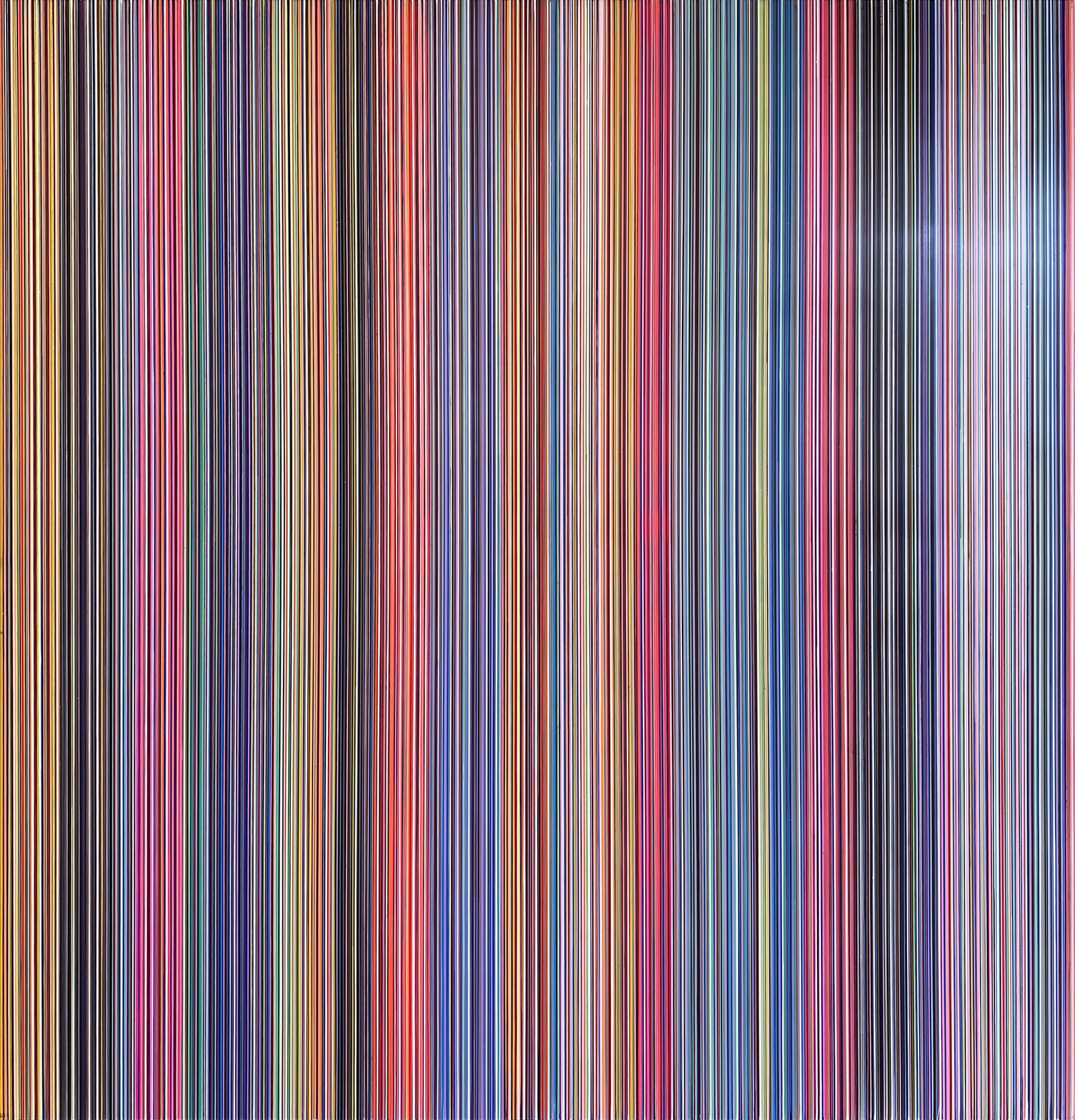 Bright geometric color-field painting by Marco Casentini, acrylic on panel.