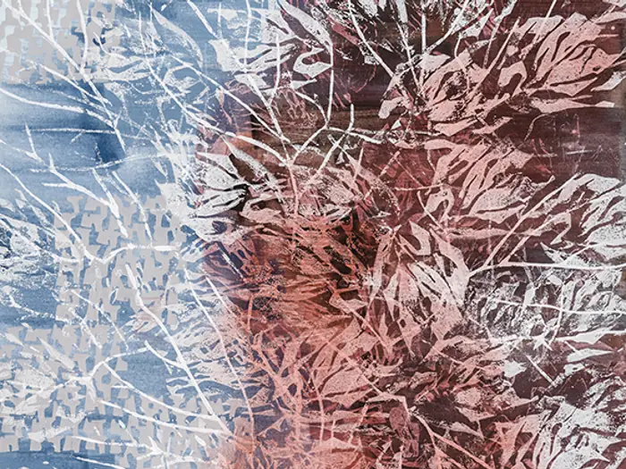 Layered abstract painting in warm metallic tones by Laura Fayer.