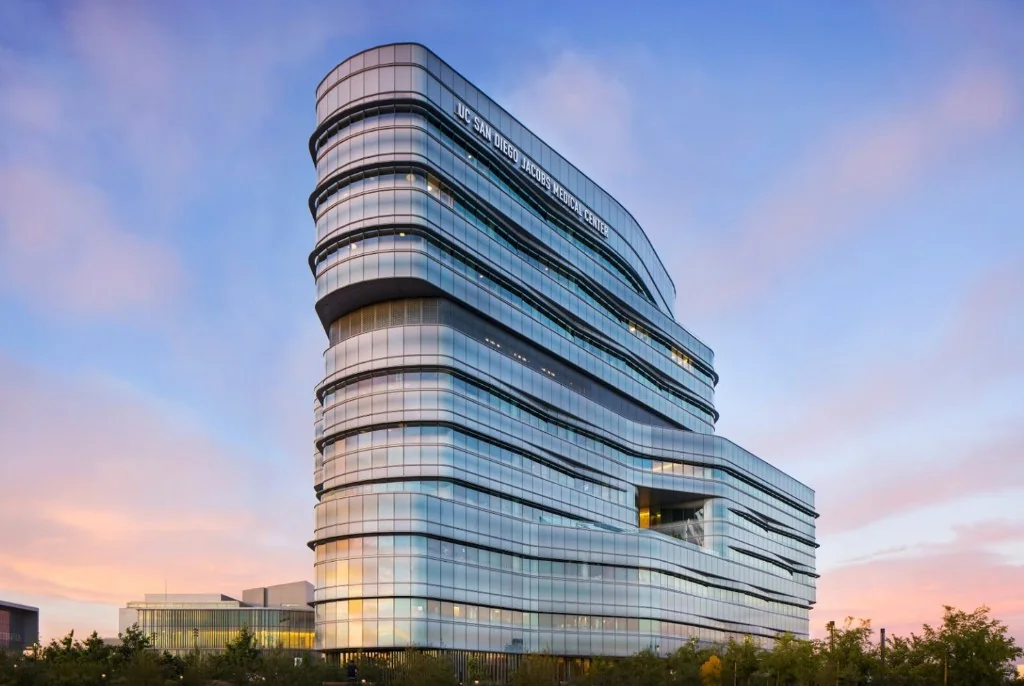 UC San Diego Jacobs Medical Center at dusk.
